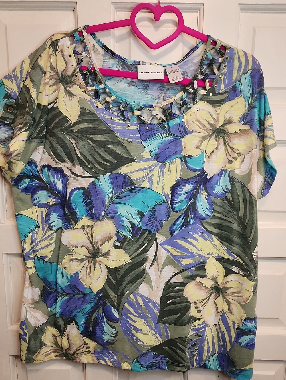 Alfred Dunner Teal, Blue & Yellow Floral Short Sleeve Top